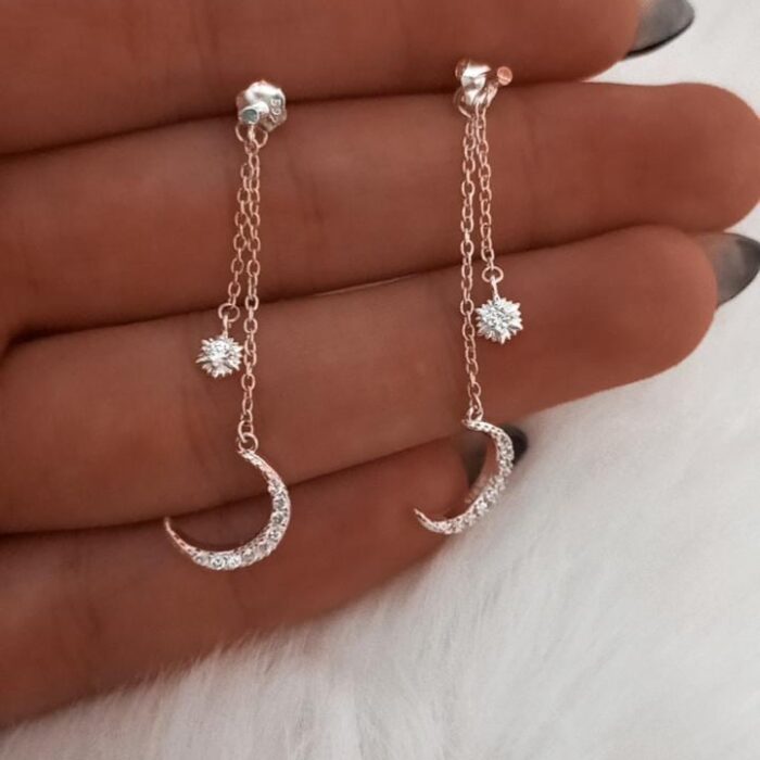Aros de plata con micropiedras Colgantes Luna y estrella